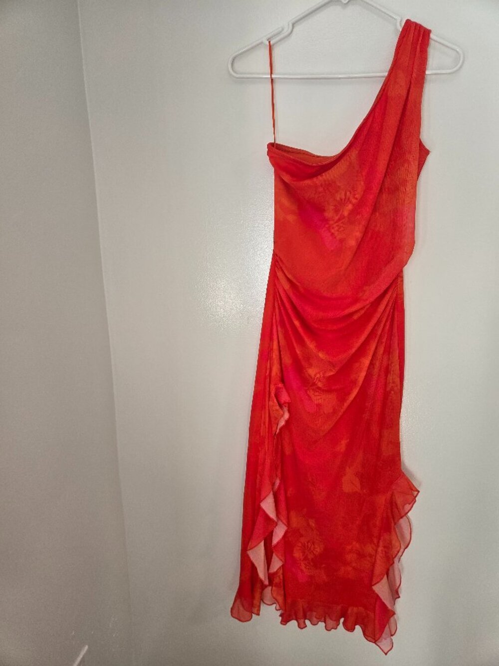DRESSTELLS Women's Orange One-Shoulder Formal Maxi Dress – Mesh Ruched Bodycon